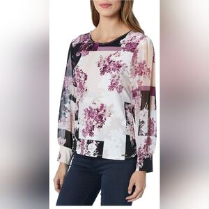 Calvin Klein Women’s Floral Pattern Chiffon Sleeve Blouse XL‎